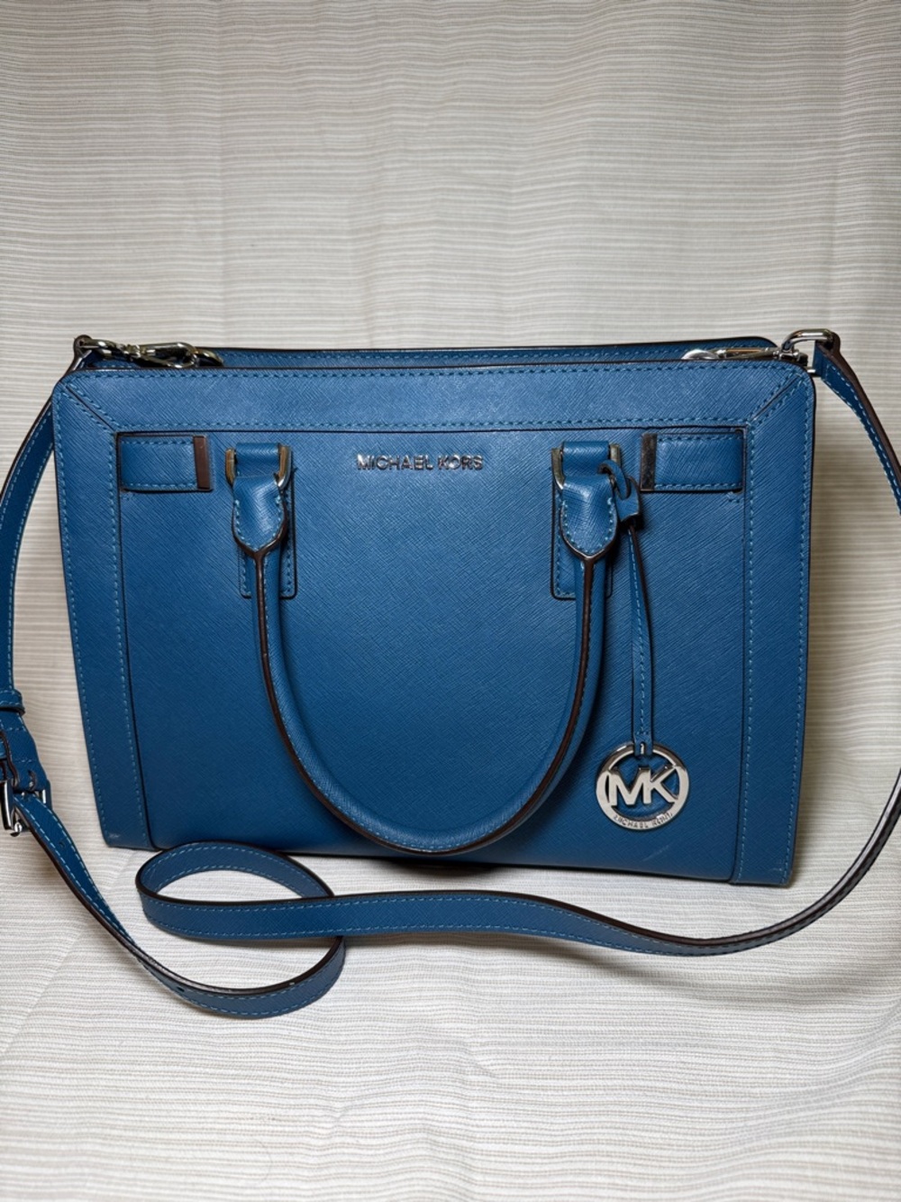 Michael Kors Teal-Blue Saffiano Leather Satchel with MK Charm